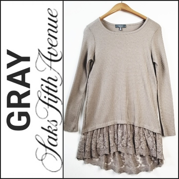𝅺NEW! GRAY SAKS FIFTH AVENUE Thermal/Lace Tunic Top XS - Picture 2 of 6